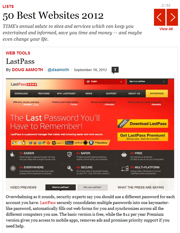 LastPass Featured on TIME's 50 Best Websites List!